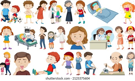 Set of sick people with different symptoms illustration
