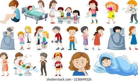Set of sick people with different symptoms illustration