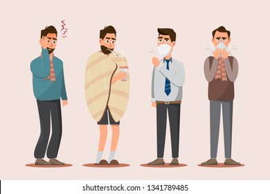 Set of sick people feeling unwell, headache, having cold, seasonal flu, cough and running nose. vector illustration cartoon character isolated on white background.