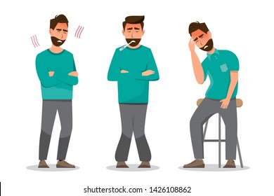 Set Of Sick People Feeling Unwell, Having Cold, Headache And Fever. Vector Illustration Cartoon Character