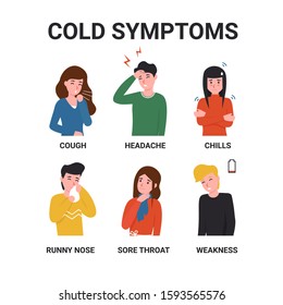 Set sick people have a cold or flu symptoms. Flat vector cartoon characters isolated white background.