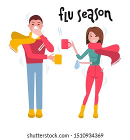 Set of sick people. Man and woman feeling unwell, having cold, seasonal flu, high temperature, running nose, headache. Cartoon style vector illustration of couple with cold on white background