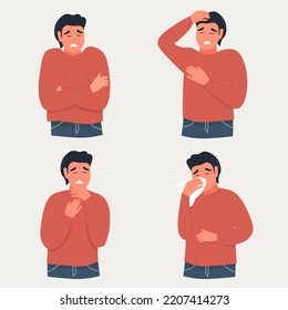 A set of sick people. Men have colds, runny nose, cough, poor health, sore throat. Vector graphics.