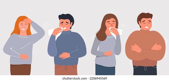 A set of sick people. Men and women have colds, runny nose, cough, poor health, sore throat. Vector graphics.