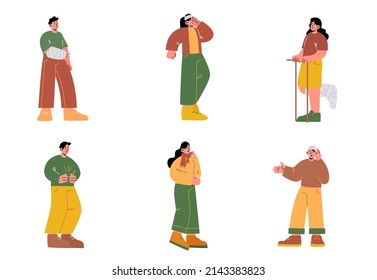 Set Sick People Suffer Of Ache In Different Body Parts Stomach, Head, Arm Or Leg Injury, Flu. Characters Feel Strong Pain, Health Problem, Disease Symptoms And Sickness. Line Art Vector Illustration