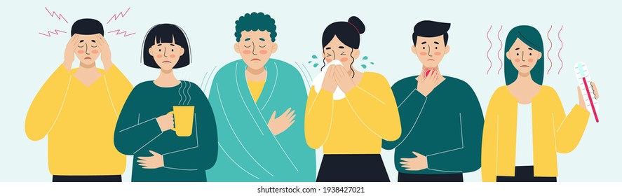 A set of sick people. Virus, headache, fever, cough, runny nose. The concept of viral diseases, coronavirus, epidemics, covid-19, colds. Illustration in flat style