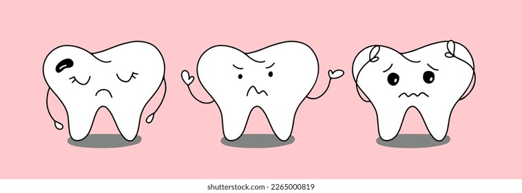 Conjunto de caracteres de dientes enfermos. Concepto de odontología infantil. Ilustración vectorial de dolor de dientes. Elemento para afiche, pancarta, medios sociales, blog, impresión.