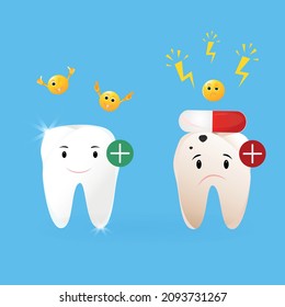set of a sick tooth and a healthy tooth. a flat cartoon vector illustration of a sad spoiled and rotten tooth with a capsule for pain relief and a happy healthy tooth. dental healthcare