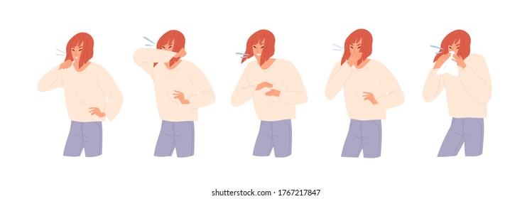 Set of sick woman sneezing, coughing and blow her nose vector flat illustration. Cartoon female with flu or respiratory virus symptoms isolated on white. Girl cough in arm, fist, elbow and tissue