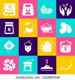 Set Sickle, Bag of flour, Beans, Seed, Sprout, coffee beans, Book about seeds and Flour bowl icon. Vector