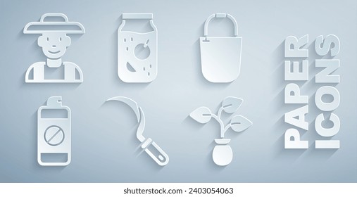 Set Sickle, Bucket, Garden sprayer for fertilizer, Plant, Jam jar and Farmer in the hat icon. Vector