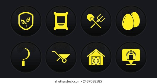 Set Sickle, Chicken egg, Wheelbarrow, Farm house, Shovel and rake, Fertilizer bag, Location farm and Shield with leaf icon. Vector