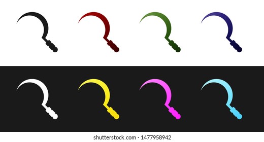 Set Sickle icon isolated on black and white background. Reaping hook sign.  Vector Illustration