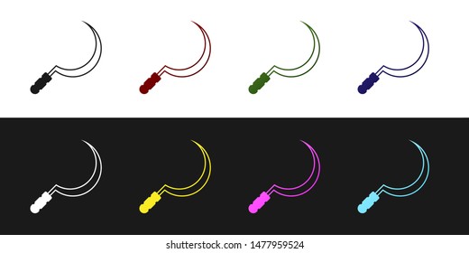 Set Sickle icon isolated on black and white background. Reaping hook sign.  Vector Illustration