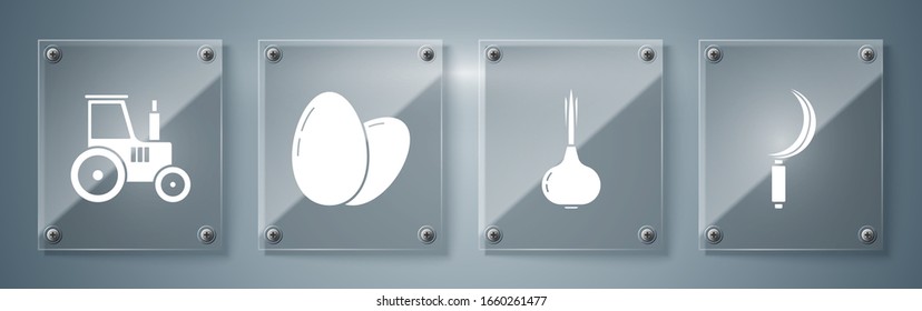 Set Sickle, Onion, Chicken egg and Tractor. Square glass panels. Vector