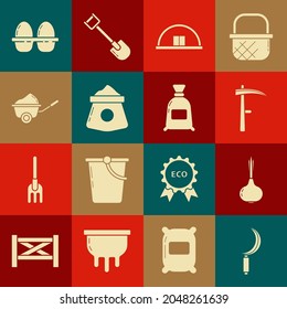 Set Sickle, Onion, Scythe, Hangar, Bag of flour, Wheelbarrow with dirt, Chicken egg in box and  icon. Vector