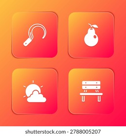 Set Sickle, Pear, Sun and cloud weather and Bench icon. Vector