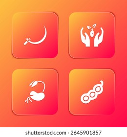 Set Sickle, Plant in hand, Sprout and Green peas icon. Vector