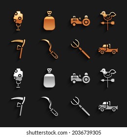 Set Sickle, Rooster weather vane, Pickup truck, Garden pitchfork, Scythe, Tractor, Tree with apple and Full sack icon. Vector