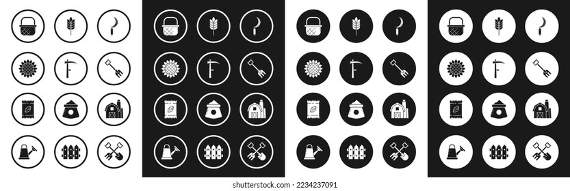 Set Sickle, Scythe, Sunflower, Shopping basket, Garden rake, Cereals with rice, wheat, corn, oats, rye, Farm House concept and A pack full of seeds of specific plant icon. Vector