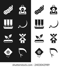 Set Sickle, Wheat, Green peas, Farmer in the hat, Sprout, Windmill, Scythe and Pack full of seeds of plant icon. Vector