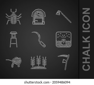 Set Sickle, Wheat, Scythe, Automatic irrigation sprinklers, Wheelbarrow with dirt, Water tower, Garden hoe and Insect fly icon. Vector