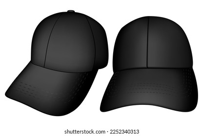 A set of side and front black sports baseball cap without logo and text, for designing advertising and logos	