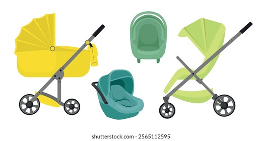 Set of side and front views of strollers and car seats in cartoon style.Vector illustration of yellow and green, blue strollers,car seats for transporting babies,children isolated on white background.