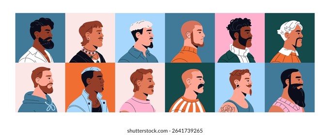 Set of side view avatars of fashion men. Profiles of persons with different stylish beards, mustaches. Portraits of male characters with various trendy haircuts. Flat isolated vector illustrations