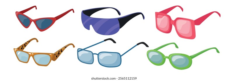 Set of side view stylish glasses in cartoon style.Vector illustration of glasses with frames of different shapes and colors: red,blue,pink,leopard print,green isolated on white background. Sunglasses.