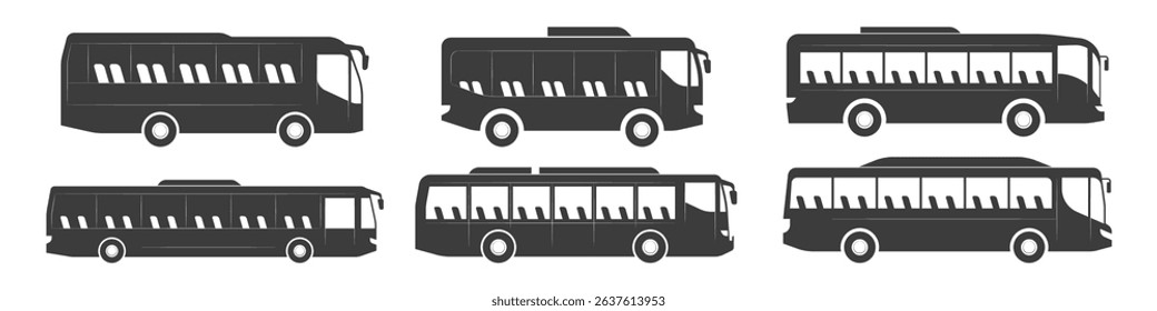 Set of side view tour bus coach travel transport silhouette isolated on transparent background