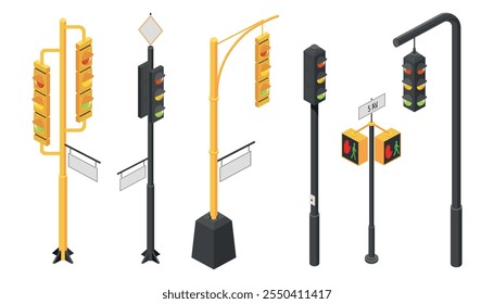 Set of side view traffic lights in cartoon style. Vector illustration of different traffic lights for regulating traffic, people isolated on white background. Red, yellow ,green traffic light signals.