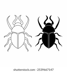 conjunto de ilustrações lado a lado do besouro em um fundo branco: o contorno do besouro esquerdo é preto sobre branco, e o direito é branco sobre black.beetle ícone do logotipo