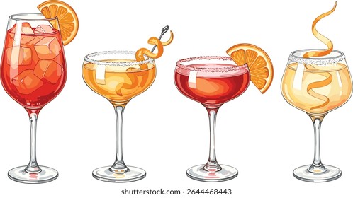 Set of Sidecar cocktail with sugar rim and orange peel garnish in coupe glass. Watercolor illustration of classic brandy-based citrus drink isolated on transparent background.