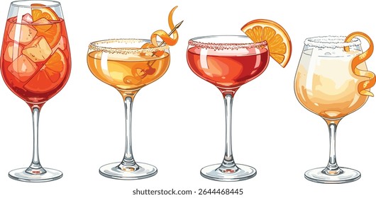 Set of Sidecar cocktail with sugar rim and orange peel garnish in coupe glass. Watercolor illustration of classic brandy-based citrus drink isolated on transparent background.