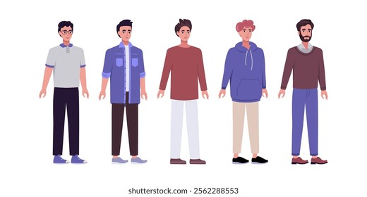 Set of sideways characters. Men standing in a row in casual office attire. Flat style illustration