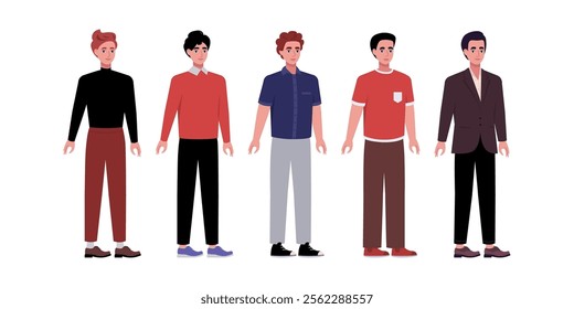 Set of sideways characters. Men standing in a row in casual office attire. Flat style illustration