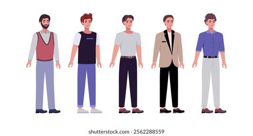 Set of sideways characters. Men standing in a row in casual office attire. Flat style illustration