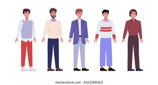 Set of sideways characters. Men standing in a row in casual office attire. Flat style illustration