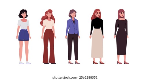 Set of sideways characters. Women standing in a row in casual office attire. Flat style illustration