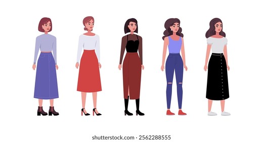 Set of sideways characters. Women standing in a row in casual office attire. Flat style illustration