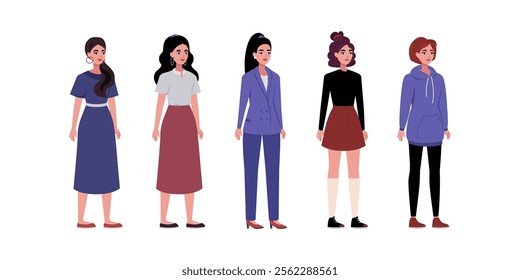 Set of sideways characters. Women standing in a row in casual office attire. Flat style illustration