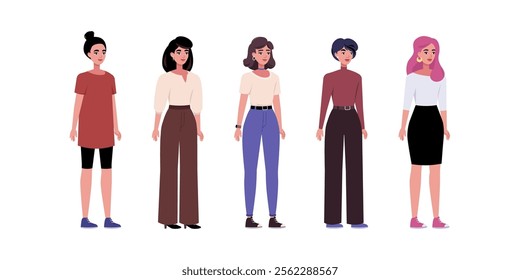 Set of sideways characters. Women standing in a row in casual office attire. Flat style illustration