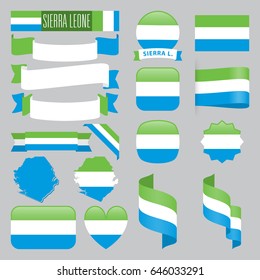 Set of Sierra Leone maps, flags, ribbons, icons and buttons with different shapes.