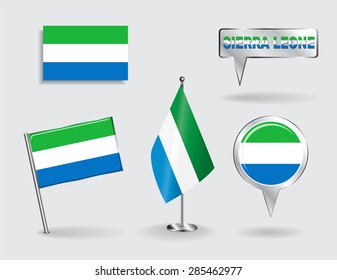 Set of Sierra Leone pin, icon and map pointer flags. Vector illustration.