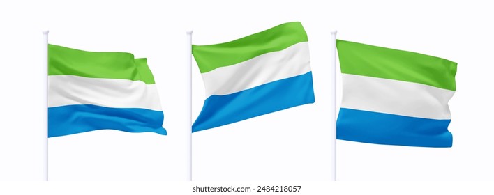 Set von Sierra Leone schwenkende Flagge auf Fahnenmast. Realistische 3D-Design-Flagge weht auf isoliertem weißem Hintergrund. Vektorillustration