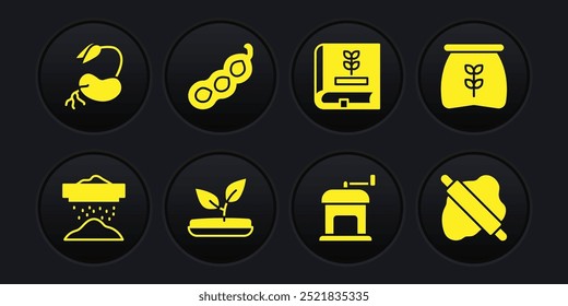 Set de tamizado de harina, bolsa de pan, germinado, molinillo de café manual, libro sobre semillas, guisantes verdes, rodillo en la masa y el icono. Vector