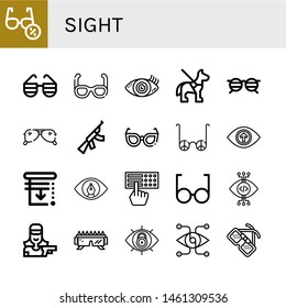 Set of sight icons such as Sunglasses, Vision, Guide dog, Glasses, Assault rifle, Blinds, View, Braille, Shooter , sight