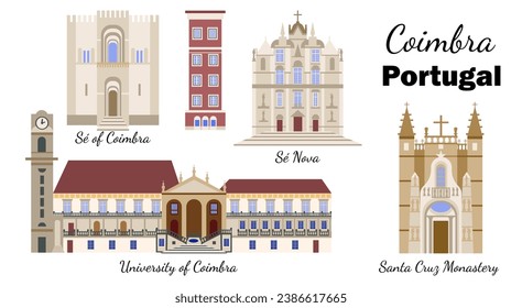 Set with the Sights of Coimbra University Campus in Portugal. Architectural sights and symbols of Coimbra, flat-style illustration, for banners, souvenir cards, printing on mugs and plates.