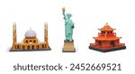 Set of sights of different countries and cultures. Realistic mosque, Statue of Liberty, pagoda